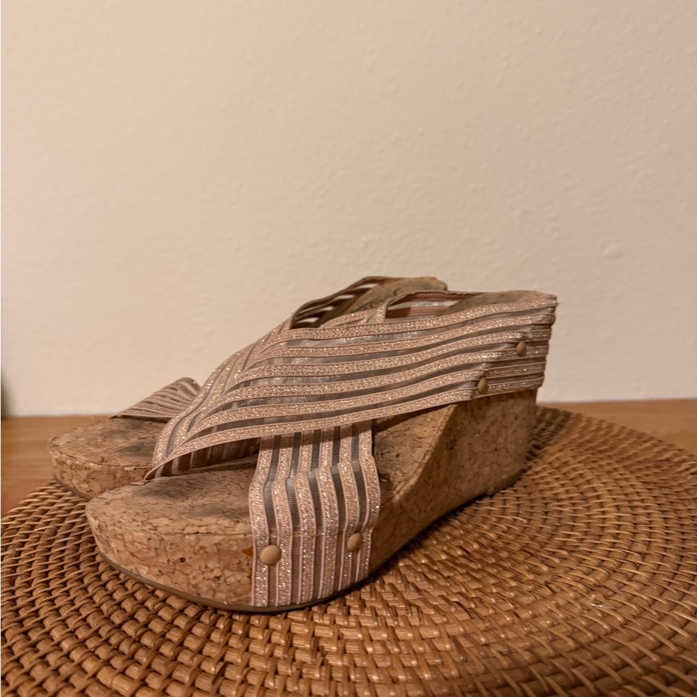 Lucky Brand‎ Tan Glitter Striped Cork Wedge Sandals - Picture 6 of 10